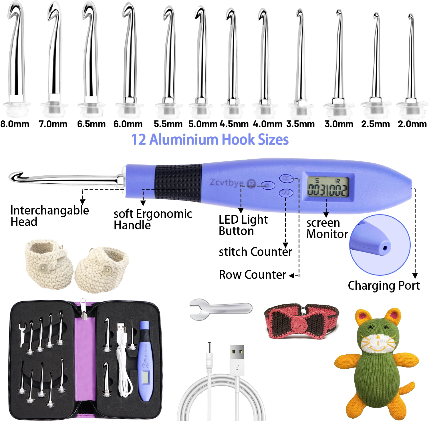 Zestaw 12 sztuk podświetlanych szydełko z ergonomicznym zestawem szydełka z metalową wymienną głowicą narzędzie do majsterkowania dla początkujących