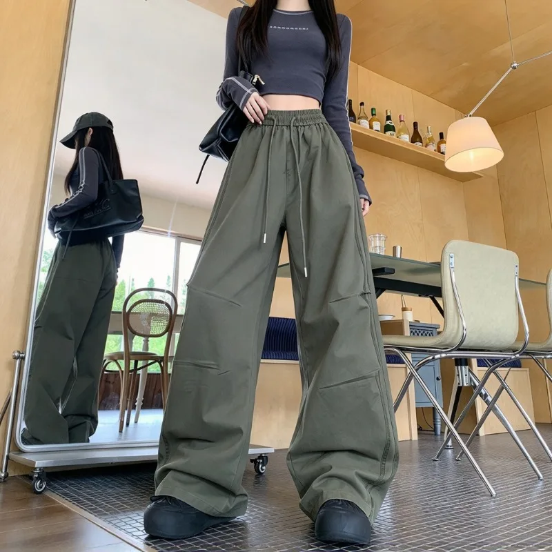 Women Autumn American Cargo Pants Pleated Wide Leg Trousers Elastic Drawstring Waist Vintage Loose Straight Streetwear Pants