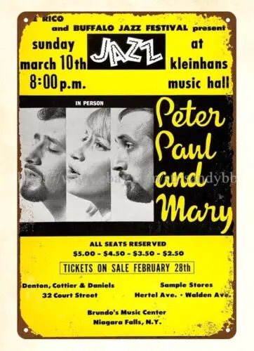 1963 Peter, Paul & Mary Concert Poster Buffalo NY metal tin sign full color