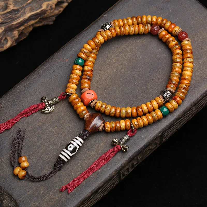 Tibetan-style Yak Bone Medicine Pill 108 Buddha Beads Sweater Chain Red Agate Material Three-Eyed Dzi Bead Silver Accessor