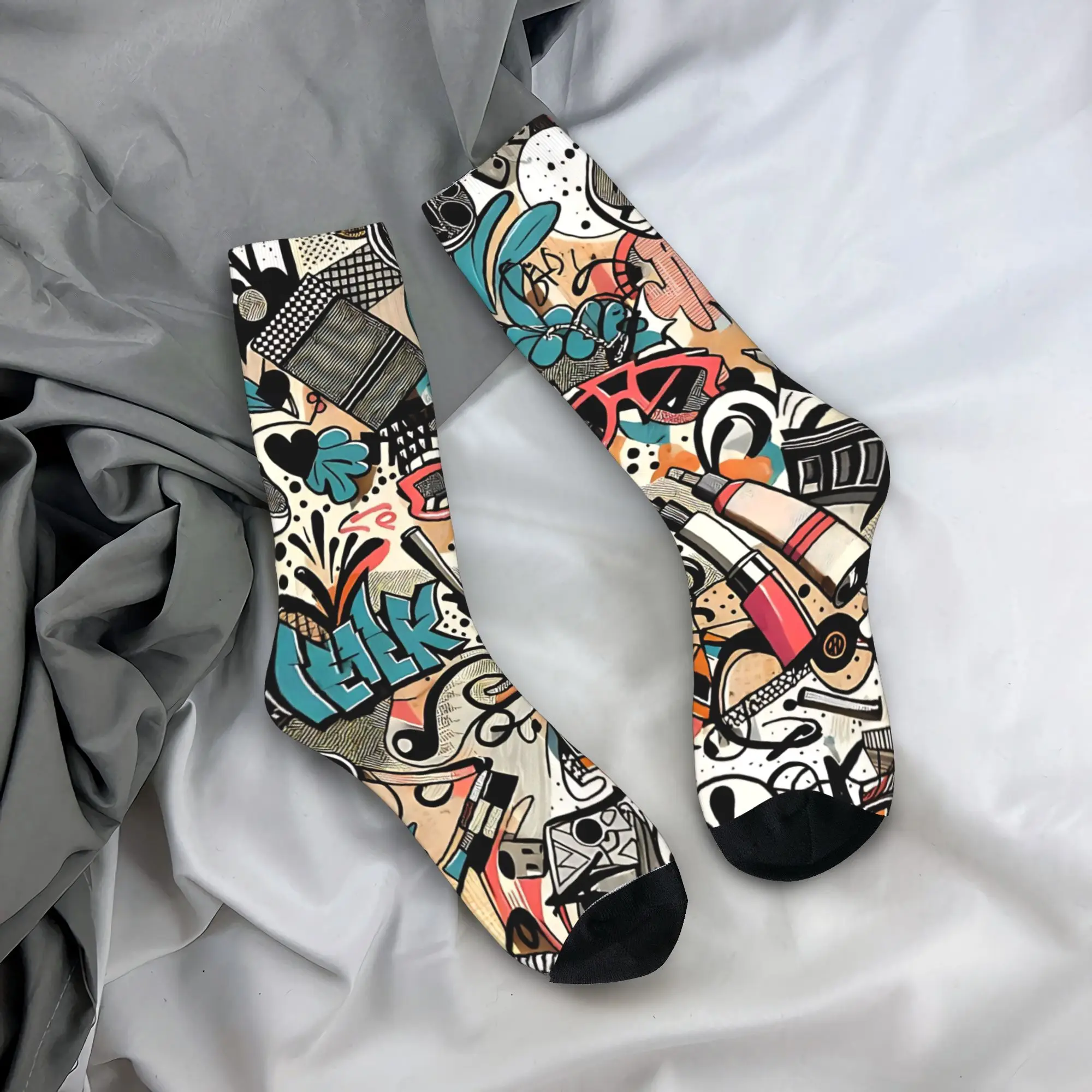 

Городские чулки с поп-коллажем, мужские носки с граффити, теплые мягкие модные носки, осенние нескользящие дизайнерские носки для скейтборда, идея подарка