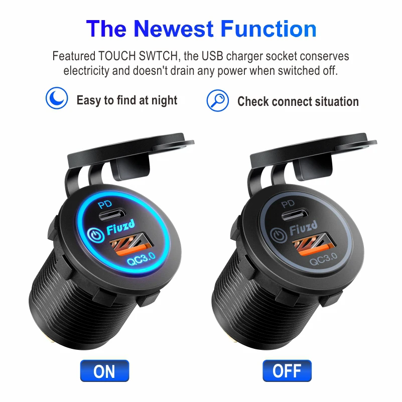 Carregador universal para carro e motocicleta, luz led usb TYPE-C, tomada de energia, cigarro, luz à prova d'água para caminhão, atv, barco