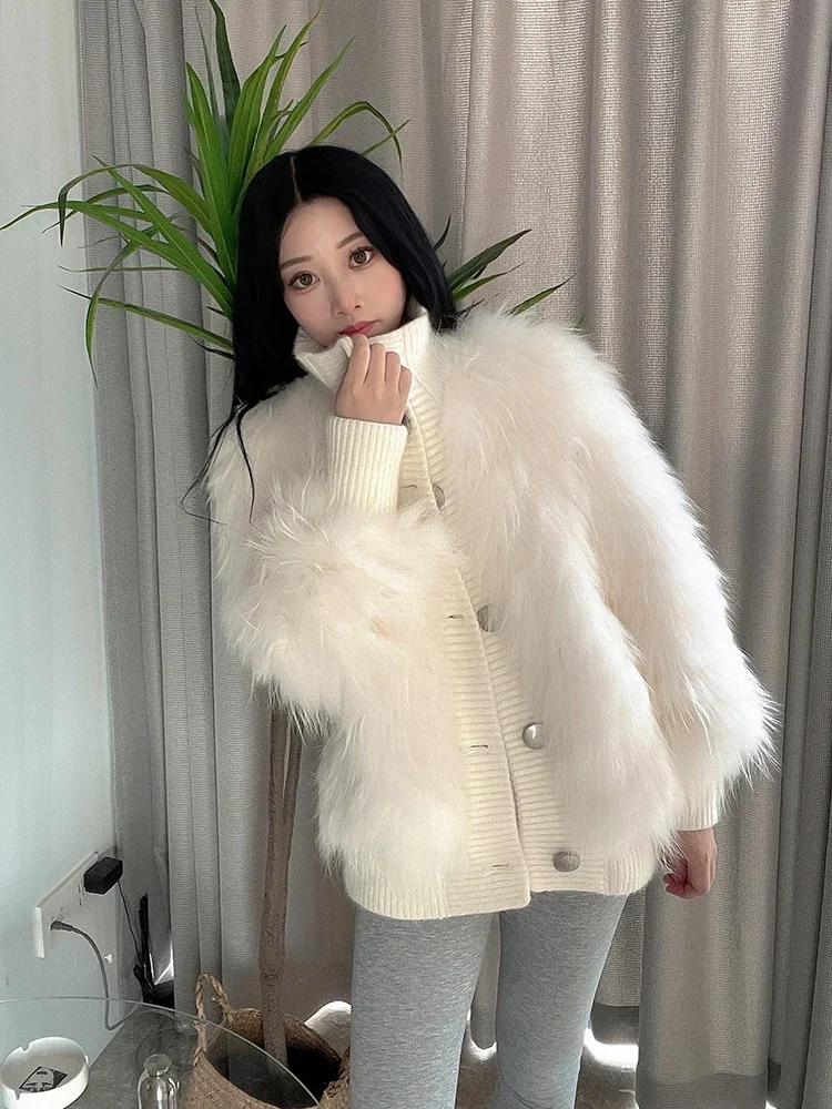 Autumn and Winter Real Fur Coat Female Young Fashion Medium Long Raccoon Fox Fur Jackets 2023 Knitted Thick Warm Women's Clothes