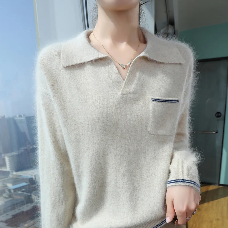 Fashion Polo-Neck Knitted Pullovers Women\'s Mink Wool Sweater Clothing Autumn Winter Elegant Simplicity Solid Small V-neck Tops