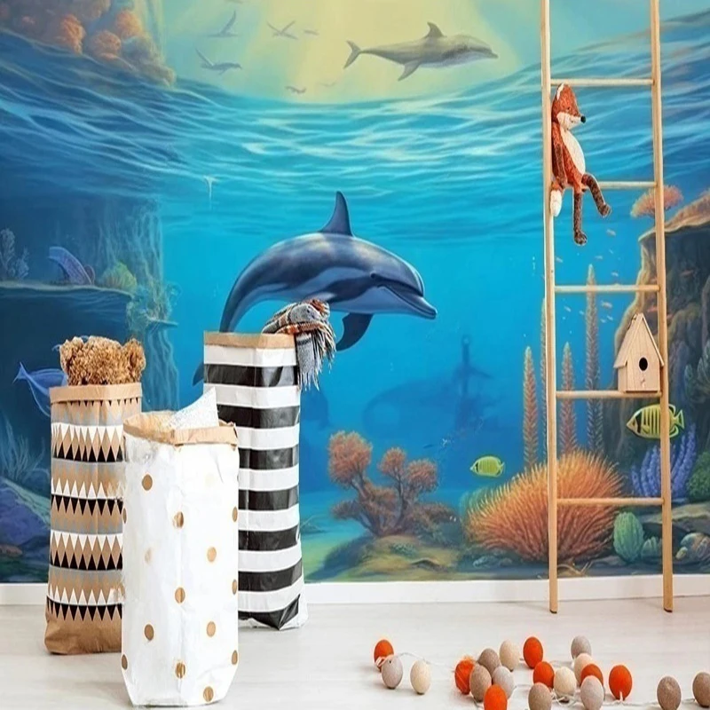 

Обои с подводными кораллами, мультяшные обои с милыми дельфинами, настенная роспись для детской комнаты, спальни, декор для стены с телевизором, 3D фон