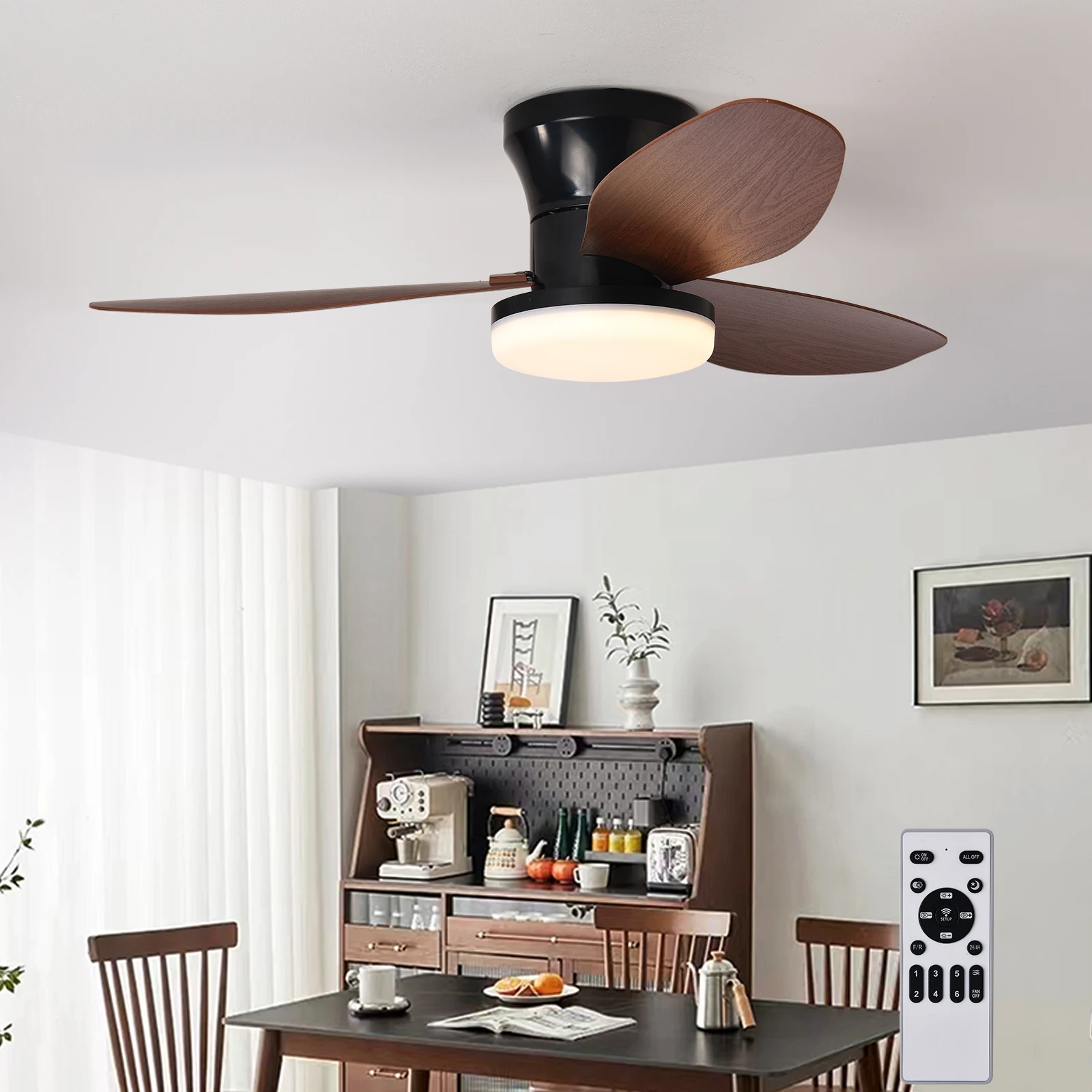 34.6'' Ceiling Fan with Light and Remote, LED Ceiling Fan with 3 Fan Blades, for Indoor Bedroom Living Room Dining Room Kitchen