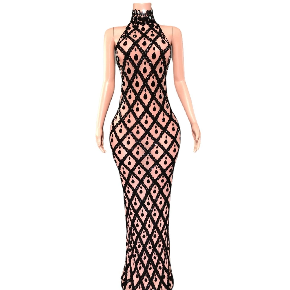 

Sparkly Crystals Sequins Long Dress Women Evening Prom Party Birthday Gown Dress Sexy Mesh Transparent Show Stage Wear