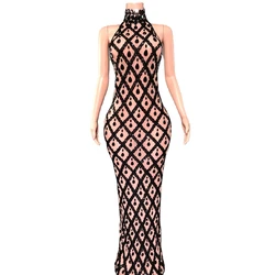 Sparkly Crystals Sequins Long Dress Women Evening Prom Party Birthday Gown Dress Sexy Mesh Transparent Show Stage Wear