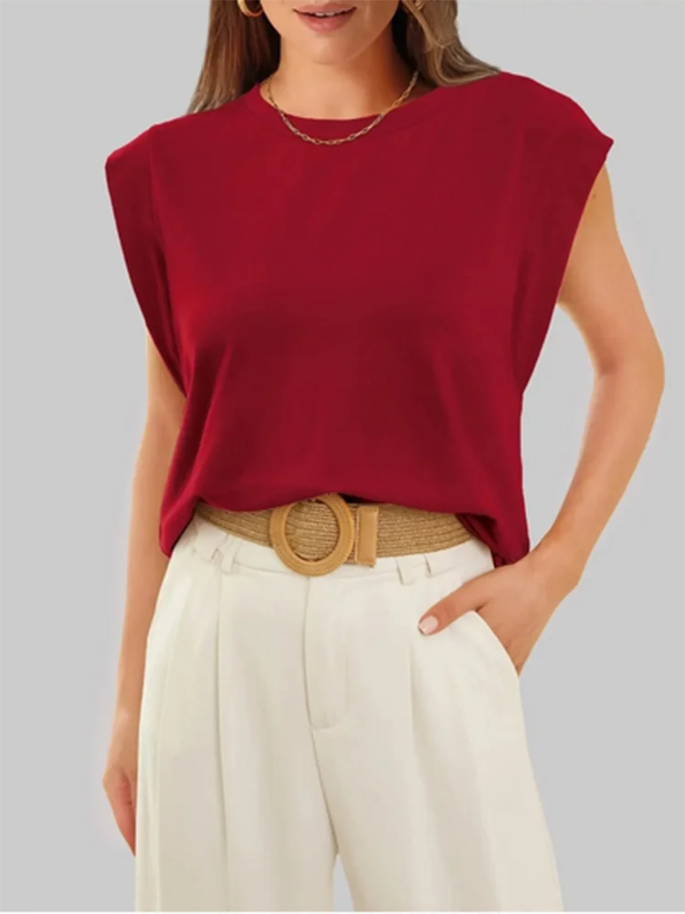 Lady Sleeveless Round Neck Vest Summer Casual Solid Color Top Trend Simple T-shirt