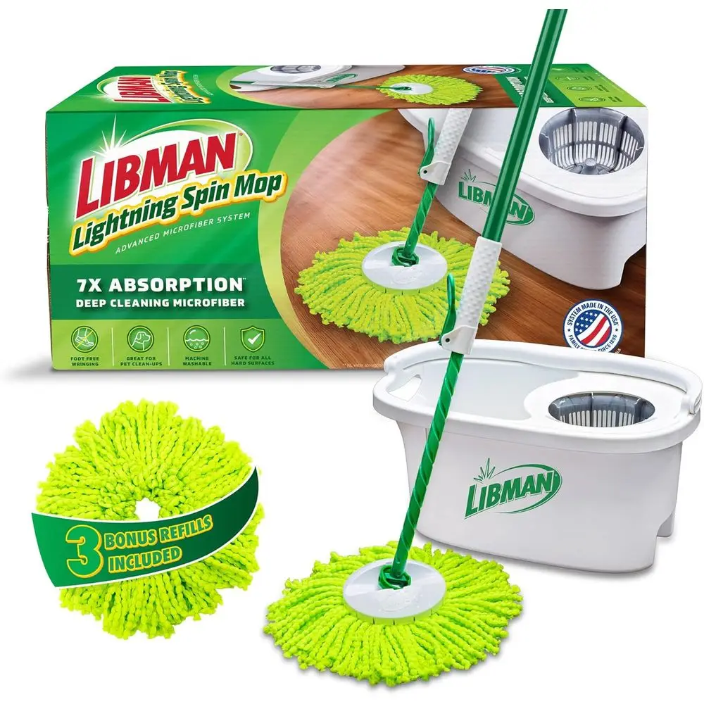 

Spin Mop System with Bucket and 3 Refillable Heads | Hardwood Floor Cleaning