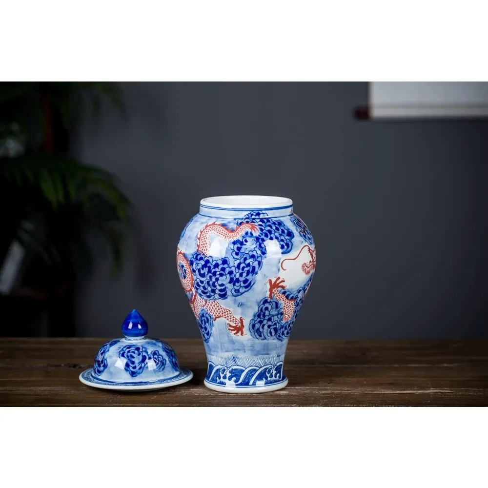 Handcrafted Blue & White Porcelain Ginger Jar with Lid, Decorative Dragon Design