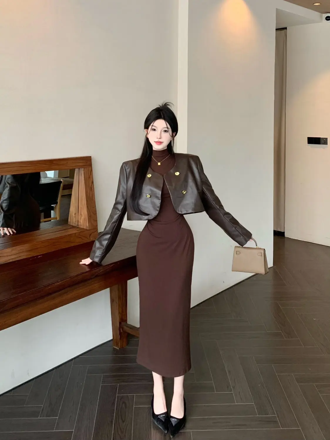 Pure Desire Style Two-Piece Set Loose Long-Sleeved Leather Short Jacket Turtleneck Dress Women Spring Autumn New Slimming Suit
