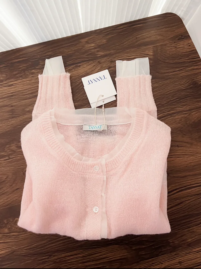 KADAIYA Dongda Gate Sweet Soft Pink Top Ruffle Splicing Short Knitted Open Cardigan Women Casual Loose Long Sleeve round Neck