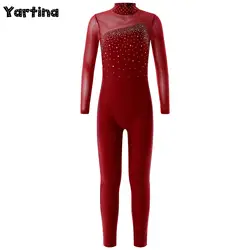 Leotardos de Ballet de gimnasia para niñas, traje de actuación de baile, manga larga, diamantes de imitación brillantes, mono de Patinaje Artístico