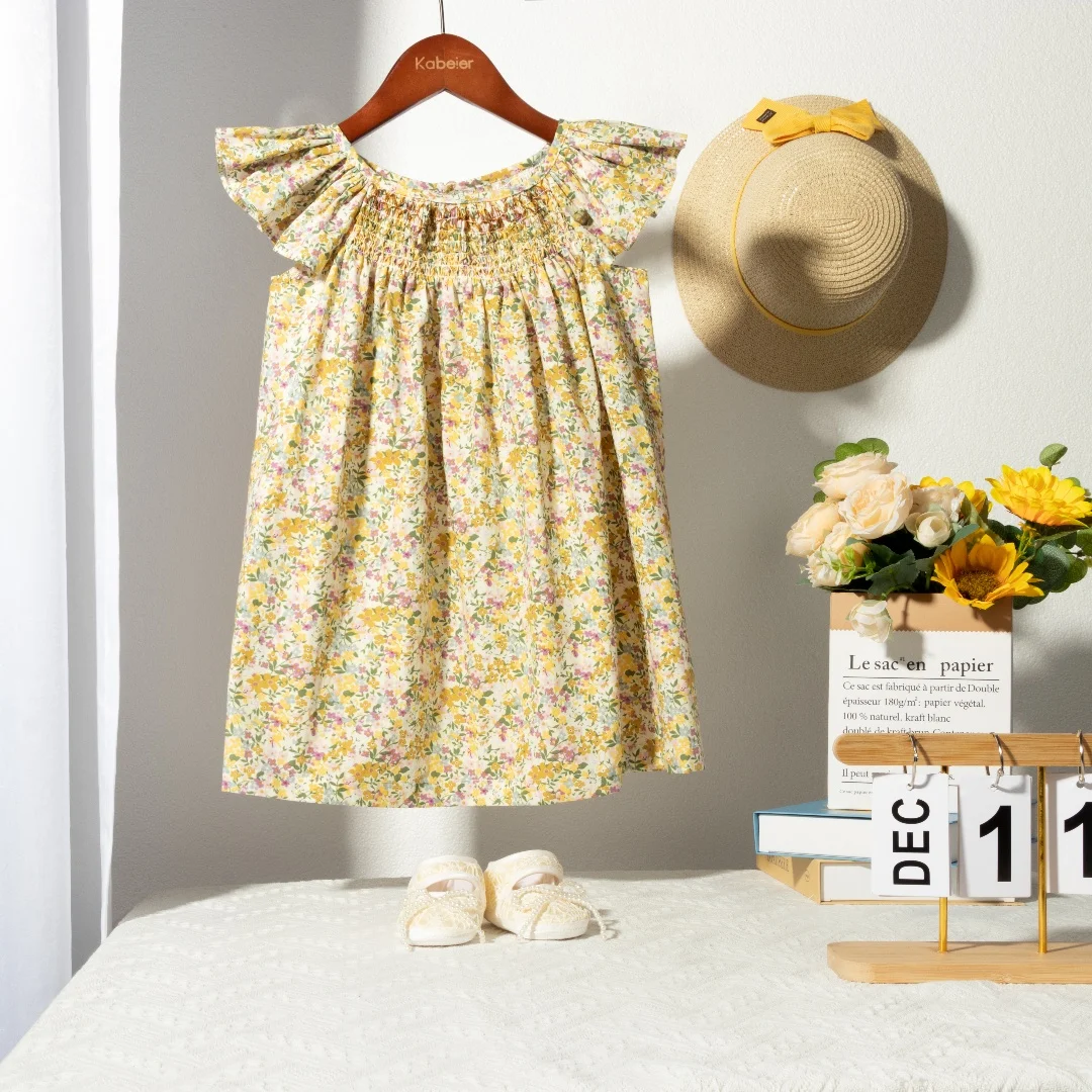 Blumen-Sommerkleid für Mädchen im Alter von 1, 2, 3, 4, 5, 6 Jahren, Smockdesign mit fliegenden Ärmeln, für Babys und Kleinkinder, tägliche süße Kleidung – Detail 29