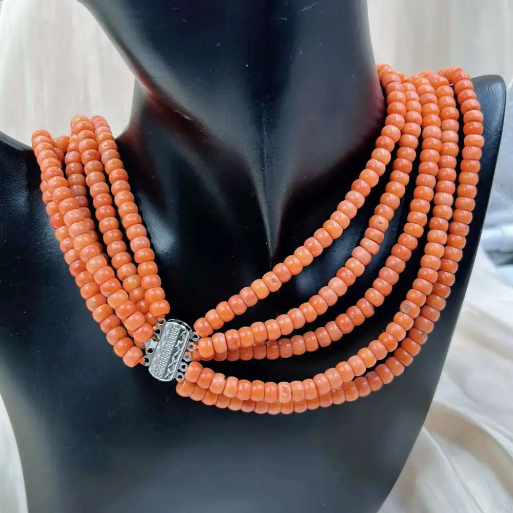 18-20inch 4x6mm Punk Drum Natural Sea Bamboo Women Jewelry Short Collar 5-Strand  Orange Coral Necklace view 2