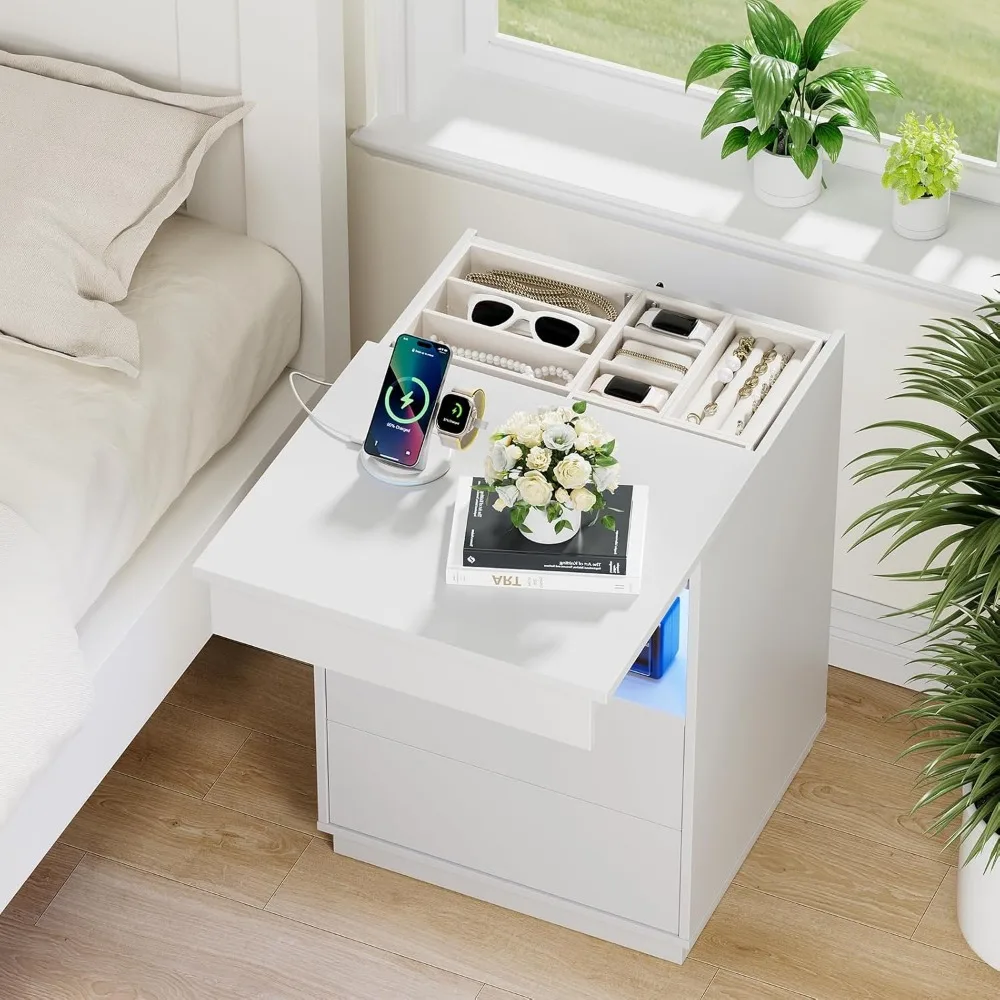 Moderner, abschließbarer Nachttisch mit verstecktem Fach, USB/Typ-C-Ladestation, LED-Leuchten und Waffenspeicher
