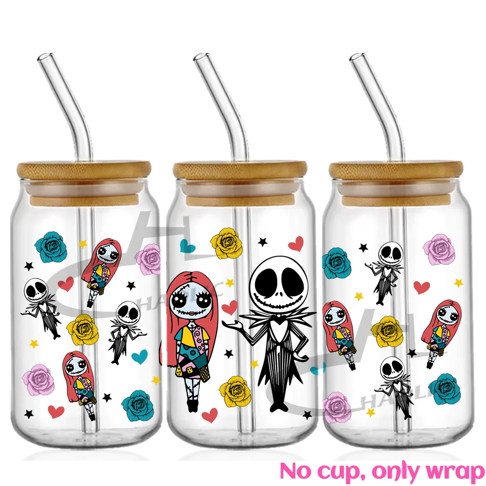 Jack And Sally UV DTF Cup Wrap for 16oz Libbey Glass Sticker Can Tumbler Transfer for Cup Wraps Libbey