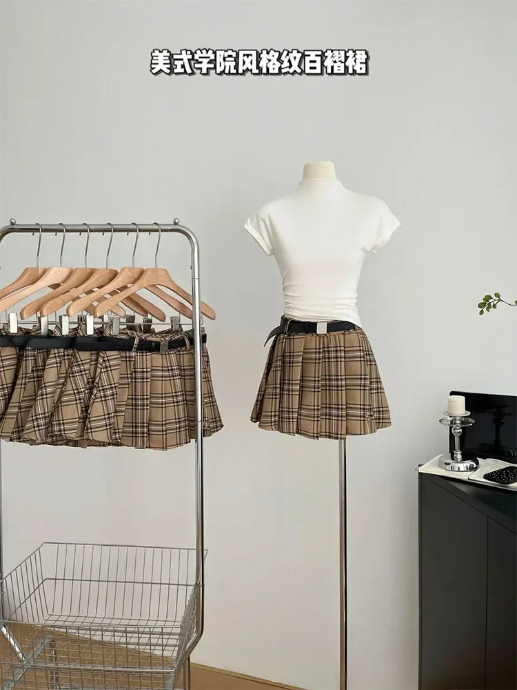 

Summer Women Korean Japanese Fashion Plaid Preppy Mini Skirts With Belt Cutecore Gyaru Coquette Harajuku 2000s Maillard Vintage