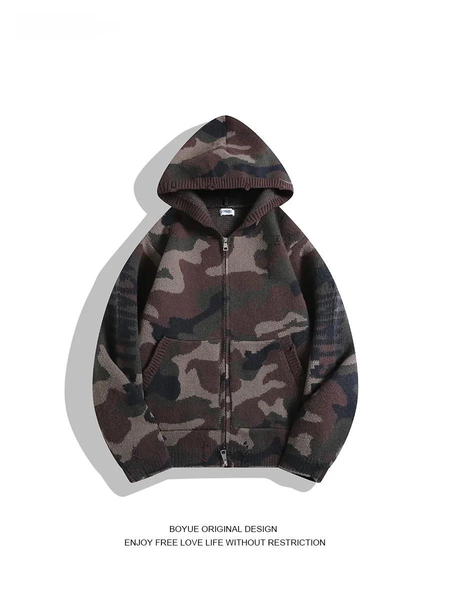 

Мужская и женская вязаная толстовка-кардиган Boyue American Sle в камуфляжном стиле, с эффектом потертости, повседневная, свободного кроя, на зиму