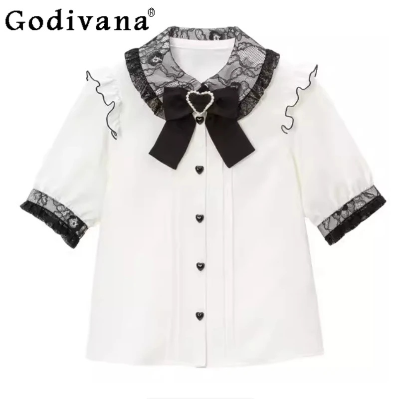 

New Large Size Elegant Japanese Short Sleeve Lolita Shirts Sweet Girl Versatile Age Reduction Ruffles Peter Pan Collar Shirt