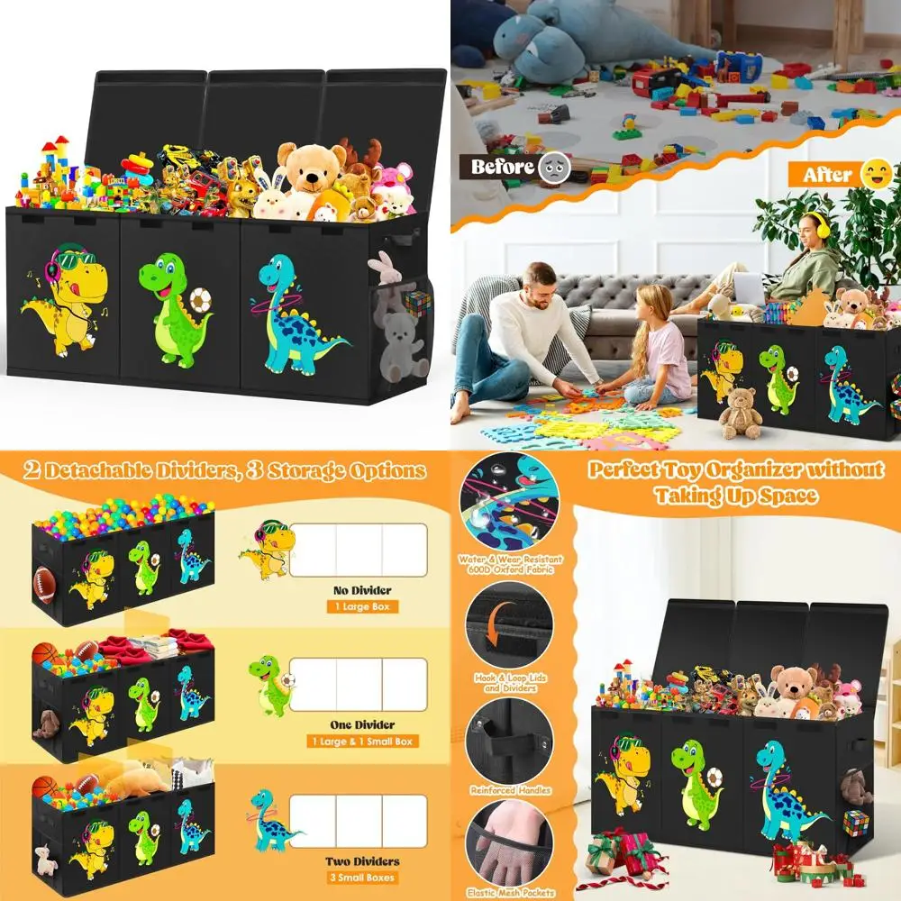 صندوق تخزين ألعاب الديناصور المتين ذو السعة الكبيرة للأطفال، منظم قابل للطي مع غطاء، مثالي لغرفة لعب الأطفال الصغار