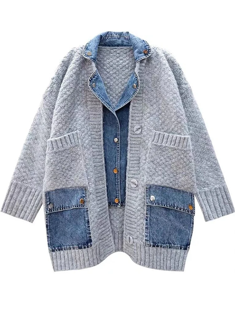 LANMREM Denim Patchwork Knitted Sweaters Women Single Breasted Loose Irregular Cardigan Female Clothing Autumn Winter 2DA9204