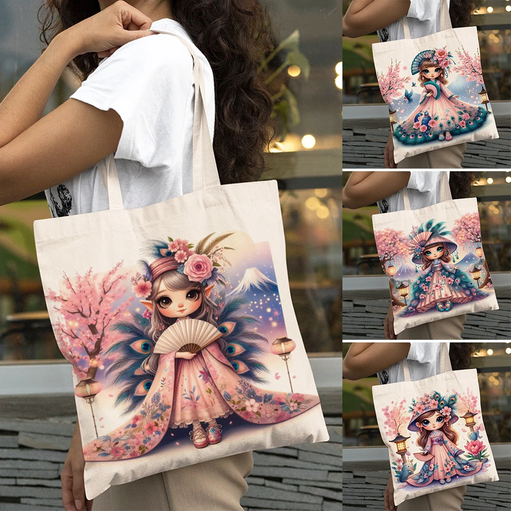 

Cartoon Tokyo Kimono Girl Shopping Bag Double Print Reusable Women Big Capacity Shopper Bags Lady Tote Shoulder Flower Handbag