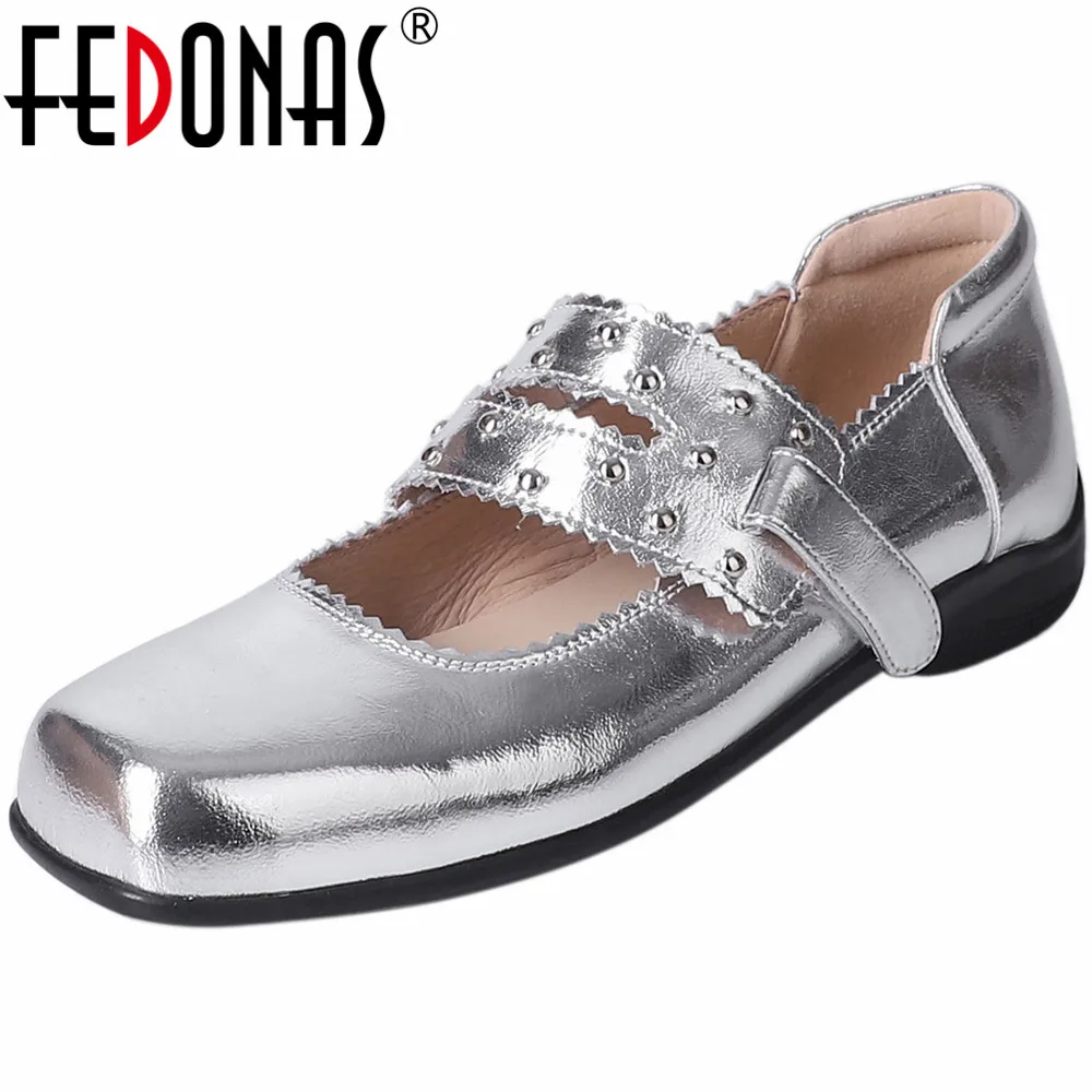 

FEDONAS Spring Summer Women Pumps Genuine Leather Square Toe Shoes Woman Fashion Rivets Low Heels Casual Mary Jane Pumps 2024