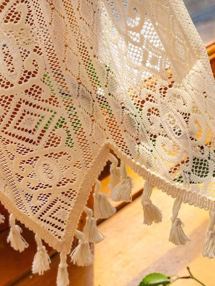 ستارة رومانسية من الدانتيل على طراز كريمي، قضيب منزلق، غطاء مقاوم للغبار، ستارة للمطبخ، ملحقات ستارة للباب من المنسوجات المنزلية #5