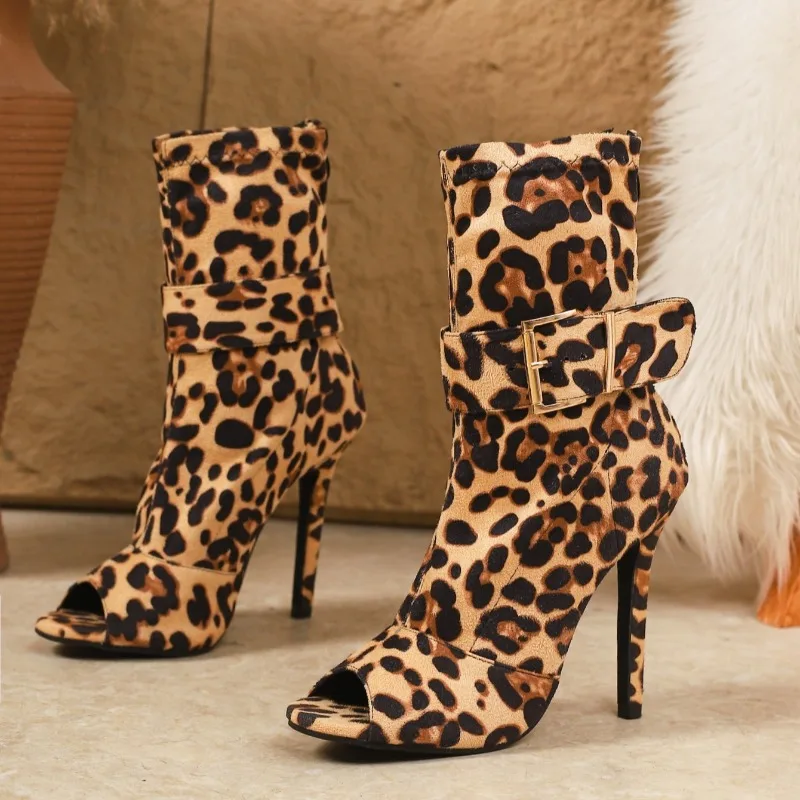 

Women's Leopard Print Faux Suede Peep Toe Buckle Strap Mid-Calf Stiletto Heel Booties, Nightclub Party Footwear, Drop Shipping