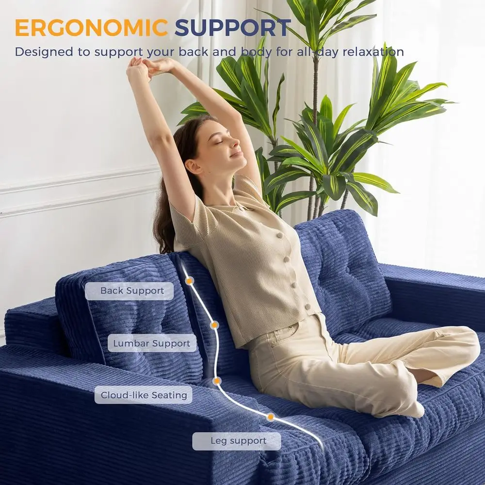 Sofá para sala de estar, sofá desossado com almofada e encosto capitonés, sofá estofado, sofá em uma caixa, azul marinho