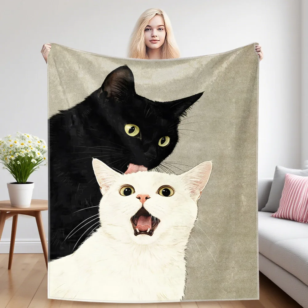Black & White Cats Flannel Blankets Are Suitable For Sofas, Men's Room Decorations, Thick And Warm Gifts For Teenagers