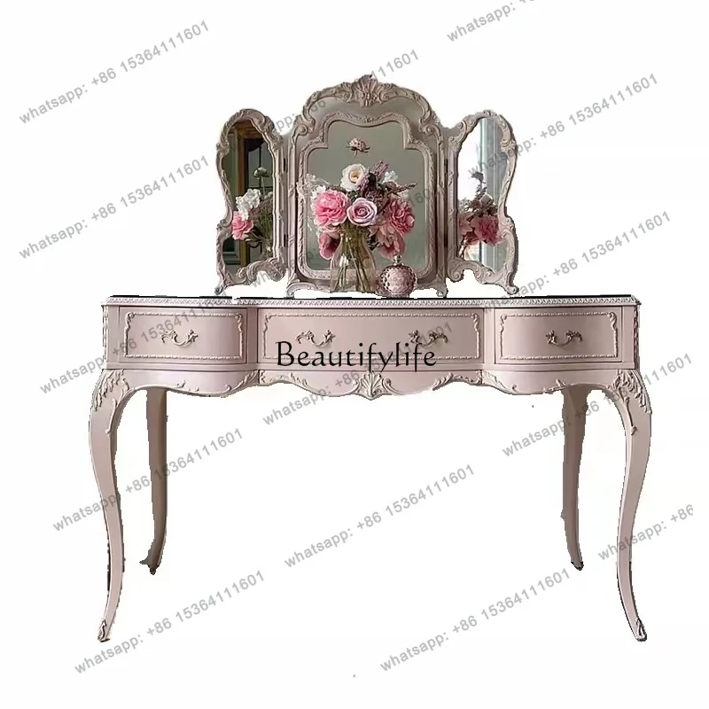 

56French Retro Vintage Pink Dressing Table Nordic European Style Solid Wood Carved Dressing Table Mirror Set