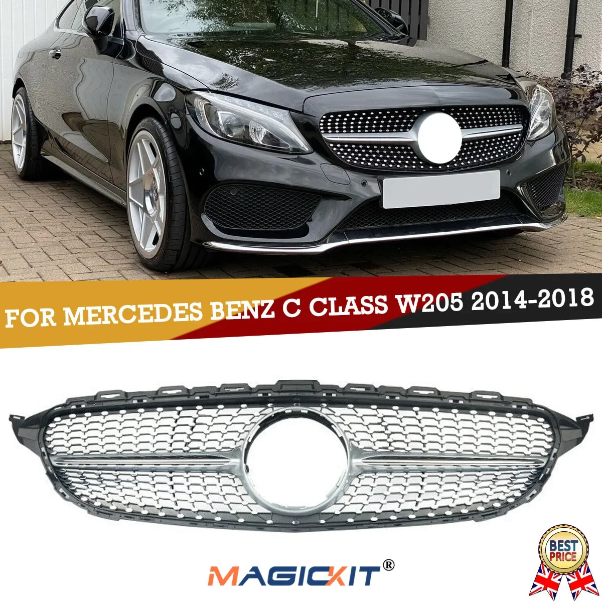 

MagicKit Silver Radiator Hood Grille Diamond For 15-18 Mercedes W205 C250 C300 AMG Style