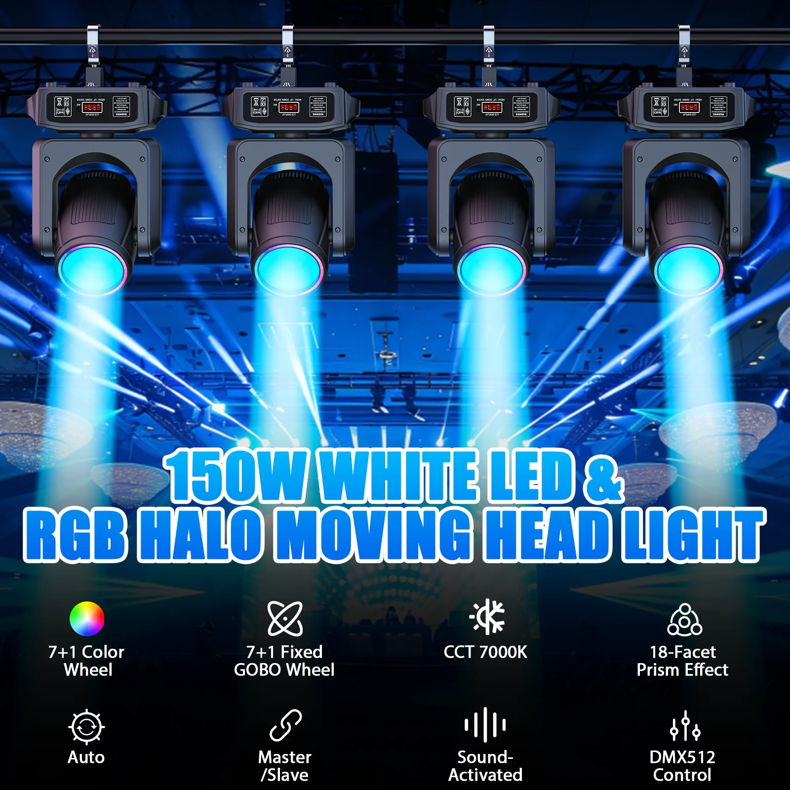 Datewink 150W LED Moving Head Lights RGB Beam Strobe Stage Lighting Effect Projector DMX512 For DJ Disco Party Wedding Nightclub