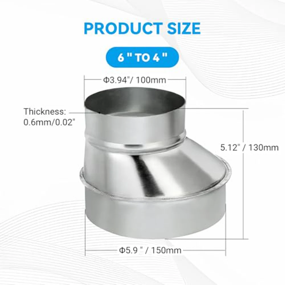 Galvanized Steel Eccentric Duct Reducer 6 To 4 Inch Offset Vent Adapter For HVAC Kitchen Dryer Pipe Connection Fitting