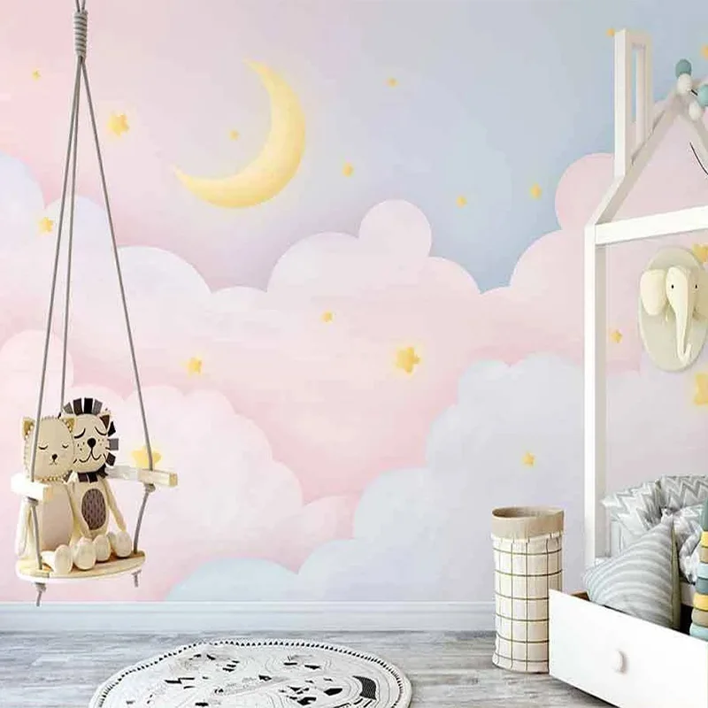 Photo Wallpaper Nordic Hand Painted Pink Starry Sky Clouds Cartoon Moon Mural Children's Bedroom Background Wall Painting Fresco