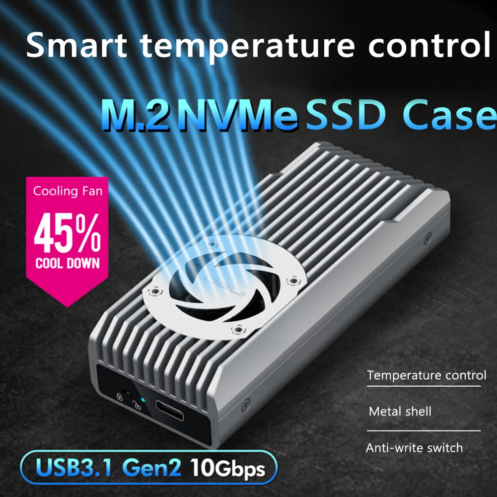 

M.2 NVME SSD Enclosure USB3.1 GEN2 Type-C M.2 NVME Solid State Hard Disk Box 10Gbps with Cooling Fan for M.2 PCIe NVMe SSD 2280