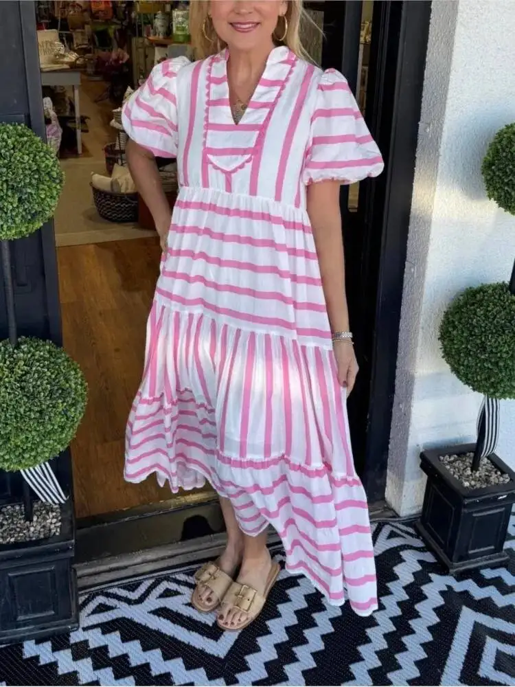 

Summer Casual Striped Print Spliced ​​Long Dresses For Women Fashion V-Neck Short Sleeves Loose Lady Party Beach Dress