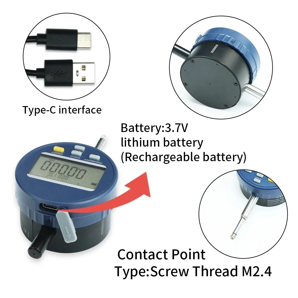 NEW Metric/Inch 0-12.7 mm 0.0005mm Electronic Indicator with Rechargeable Battery Waterproof Digital Dial Indicator