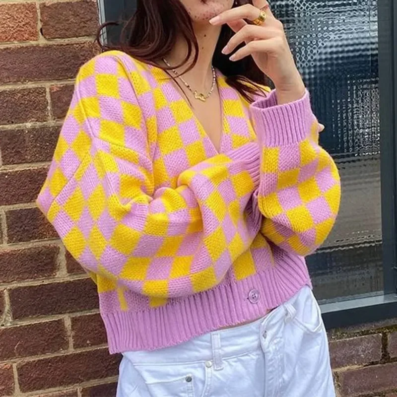 Cardigan Knitted V-neck Argyle Long Sleeve Sweet Single Breasted Short Sweaters Female Autumn Winter Women's Sweater Cardigans