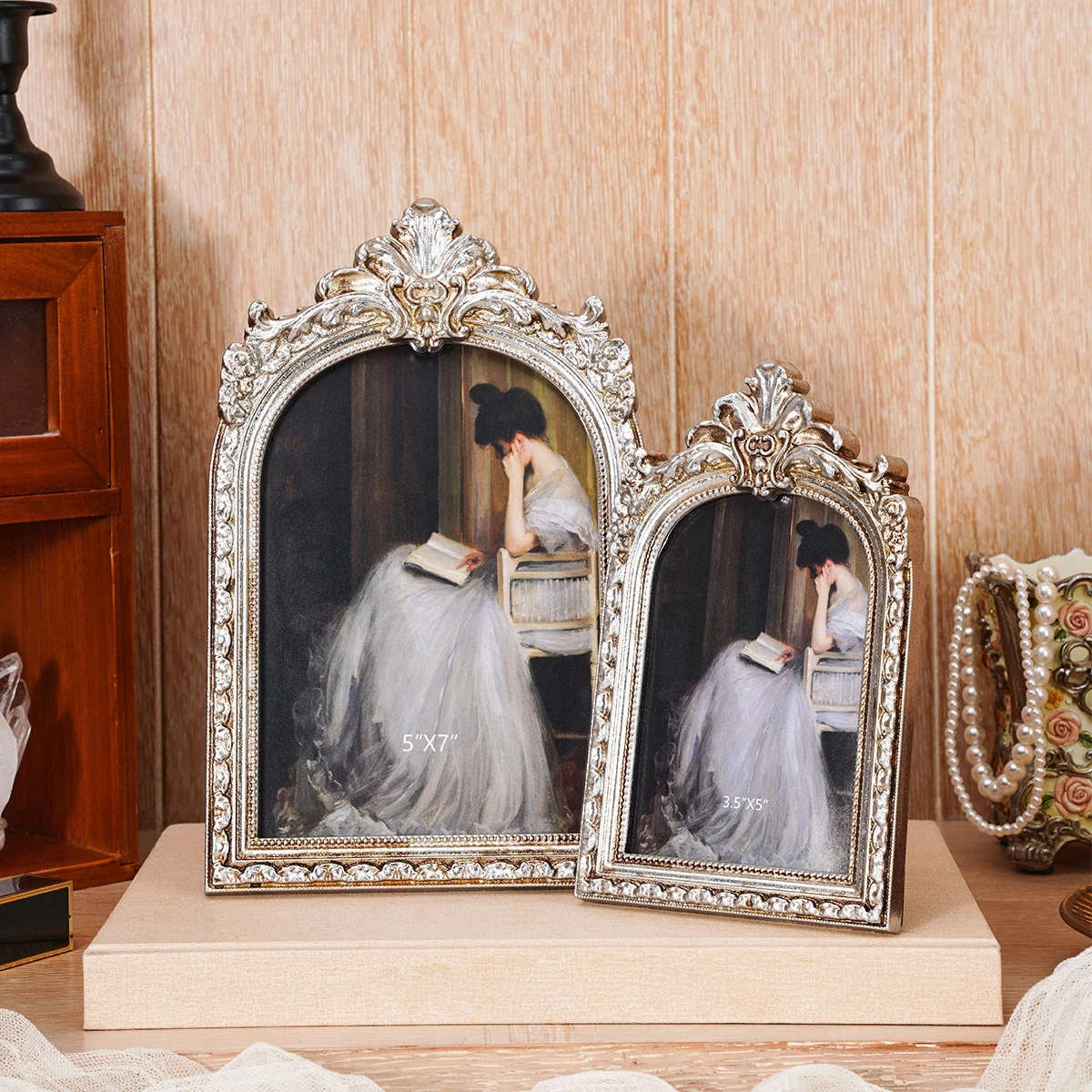1 Stück, Europäischer Retro-Silberner Bogenförmiger Spitzen-Dekorations-Bilderrahmen, Geeignet für Fotoausstellung, Heimdekoration und Fotografie-Requisiten – Detail 3