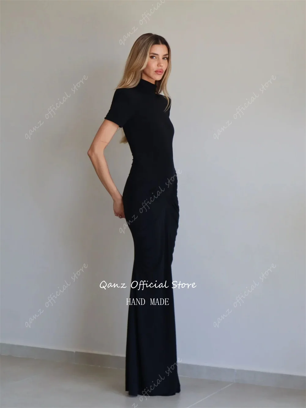 Qanz เจียมเนื้อเจียมตัวชุดราตรีสีดําคอสูง Mermaid ชุดราตรีหรูหราแขนสั้น Vestidos De Gala ที่กําหนดเอง