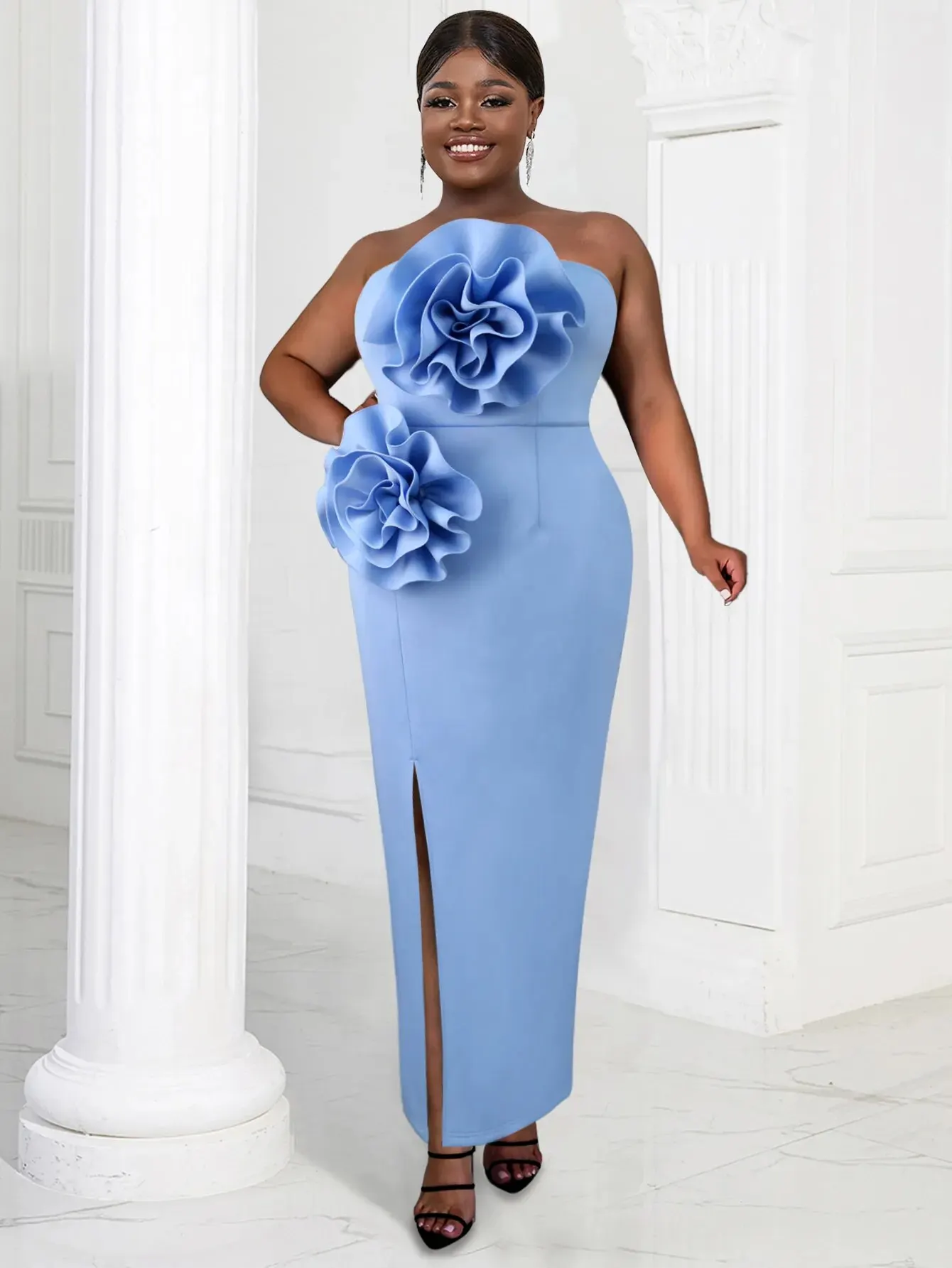 

Formal Evening Party Dress For Women Sexy Off The Shoulder Blue Big Flower Ruffle Elegant Long Slim Robe Sleeveless Dresses