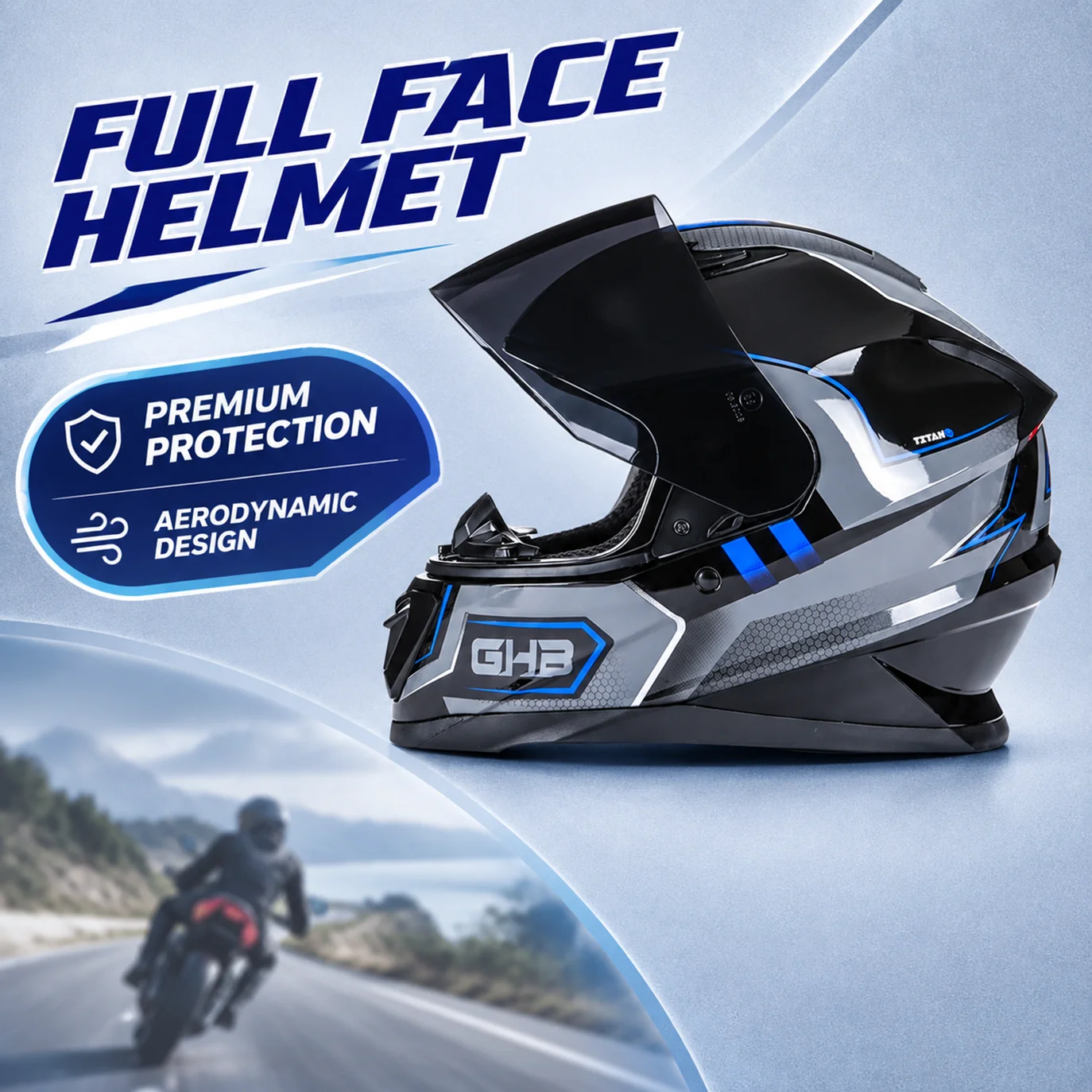 Casco integrale di sicurezza per motociclisti, ideale per viaggi in moto, design bicolore blu e nero, protezioni certificate DOT, guscio termico antiappannamento, utilizzo universale per tutte le