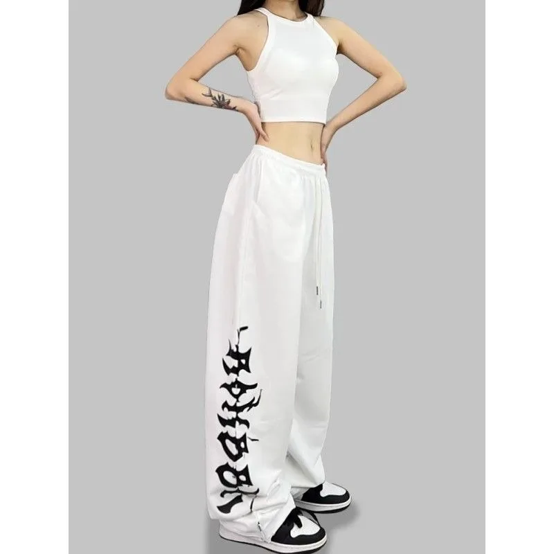 Unisex Summer Quick‑Dry Hip Hop Long Pants Black Gothic Letter Print Wide‑Leg Trousers Streetwear Dance Sweatpants Men Women