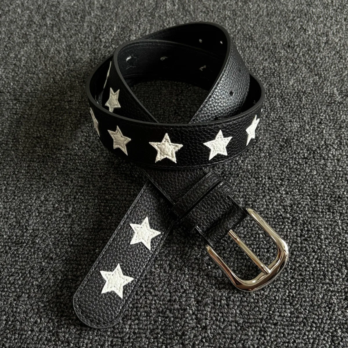 Y2K Star Leather Belt for Women, Vintage Black Waist Belt with White Star Patch, Punk Goth Jean Belt, Harajuku Streetwear
