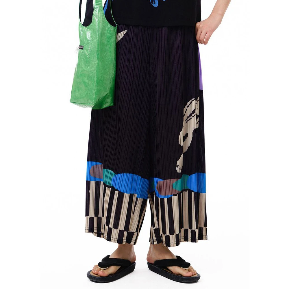 Pleated summer new FUN series elastic waist pocket fun printing casual straight-leg pants women trousers