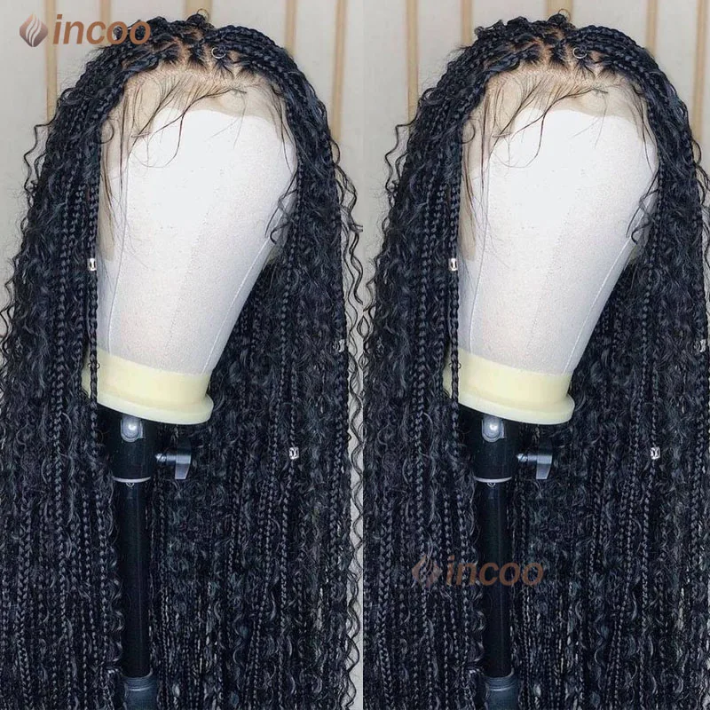 360 Synthetic Full Lace Frontal Boho Braided Wigs Wave Curly Preplucked Goddess Locs Braided Wig With Baby Hair Box Braids Wigs